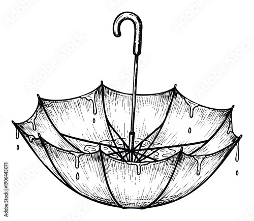 Handdrawn style upside down umbrella full of rainwater with dripping drops perfect for weather forecasts rainy day themes and seasonal event marketing materials
