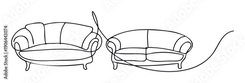 Continuous line drawing of two elegant sofas perfect for modern interior design concepts, home decor inspiration, or minimalist brand identity graphics
