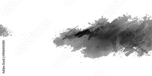 A dark grunge art illustration featuring a black ink splash and liquid paint splatter texture on a dirty paper element with a brush stroke frame design