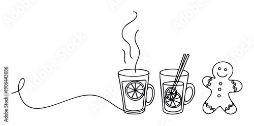 Single line drawing depicting steaming citrusinfused beverages in mugs with a cheerful gingerbread cookie capturing the cozy winter and Christmas spirit for seasonal decorations