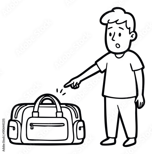 A surprised young man points at a duffel bag on the ground, expressing concern or discovery, suitable for travel, security, or lost and found themes.