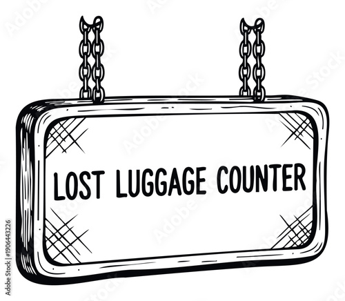Hand drawn black and white sign displaying LOST LUGGAGE COUNTER text, ideal for travel information, airport directions, or graphic material for service industries.