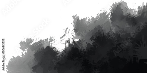 A majestic winter morning landscape featuring snow-capped mountain peaks rising through thick fog and mist above a cold forest valley under a glowing sunset sky