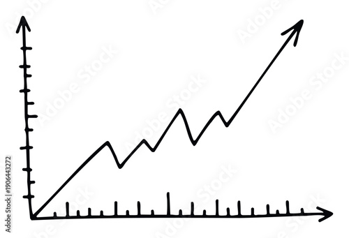 Hand drawn black line graph showing an upward trend with various fluctuations, perfect for illustrating business growth, financial reports, or economic data presentations.