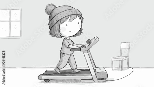 A little girl running on the treadmill indoors, wearing a warm hat
