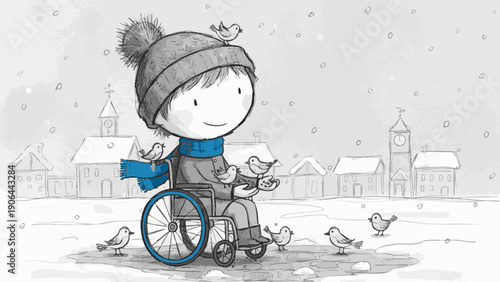 A heartwarming illustration of a person in a wheelchair, surrounded by adorable birds, creating a scene of serene connection and happiness in a snowy environment.