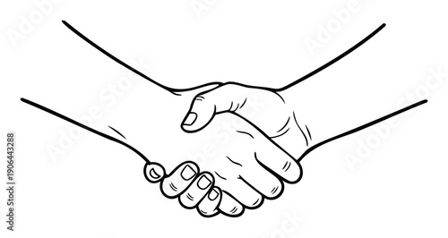 A clear black and white line drawing of two human hands engaged in a firm handshake, symbolizing business collaboration, agreement, and partnership for various professional and corporate