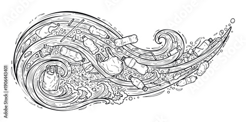 Plastic waste swirling in ocean water creating an environmental pollution crisis, perfect for ecofriendly awareness campaigns, educational materials, and sustainability promotions