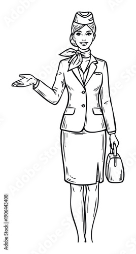 A smiling air hostess in a professional uniform with a hat and scarf welcomes passengers, suitable for travel industry marketing materials, airport services, and airline promotion.