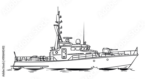 Outline drawing of a modern swift patrol boat or coast guard vessel navigating on ocean waves, suitable for maritime defense publications, security services, and educational materials.