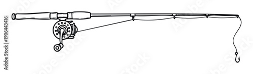 Detailed line drawing of a classic fishing rod with a reel and hook, perfect for illustrating outdoor recreational activities and sporting goods.
