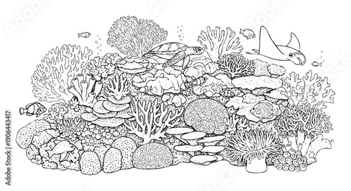 Detailed line drawing of a vibrant coral reef ecosystem teeming with diverse marine life including tropical fish, a sea turtle, and a majestic manta ray, perfect for coloring books,