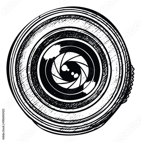 Stylized black and white camera lens with an open aperture mechanism and grunge texture, ideal for visual media projects and photography related content.