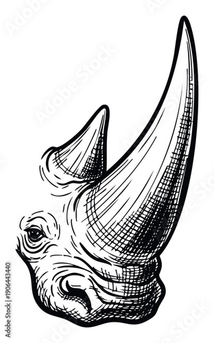Detailed handdrawn black and white sketch of a rhinoceros head featuring its eye and powerful horns perfect for wildlife conservation projects and safari themed branding
