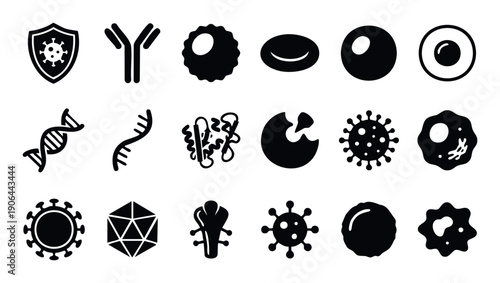 Comprehensive set of black and white biological icons depicting viruses cells DNA and immunity for medical science and healthcare presentations