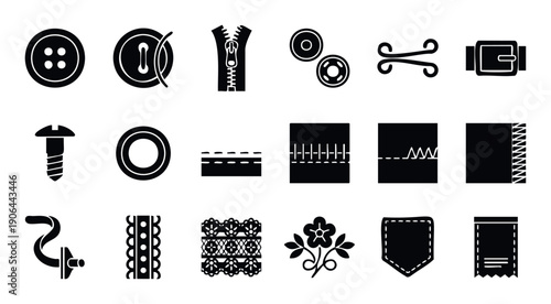 Comprehensive collection of sewing notions and apparel fasteners icons featuring various buttons, zippers, stitches, and decorative trims for textile industry graphics and craft projects.