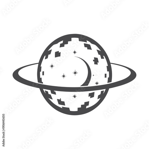 Alien planet horizon in pixel art, black and white retro sci-fi graphic