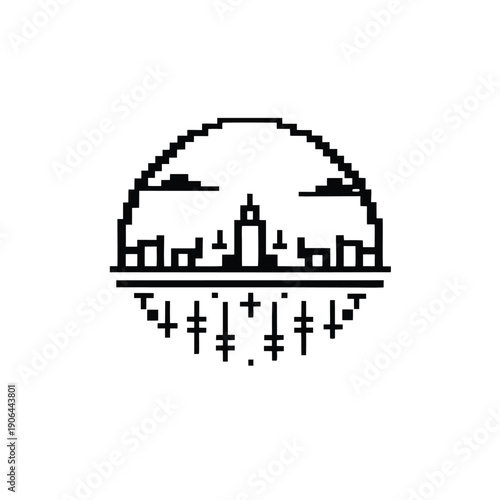 Black and white pixel alien planet, retro sci-fi landscape illustration
