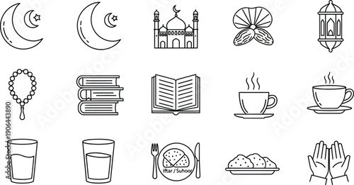 Islamic icons for Ramadan and Iftar: mosque, dates, books, coffee, and prayer hands