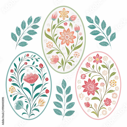 Floral easter eggs with leaves, flowers and plants, illustration of botanical elements, in an oval frame, from a straightforward viewpoint