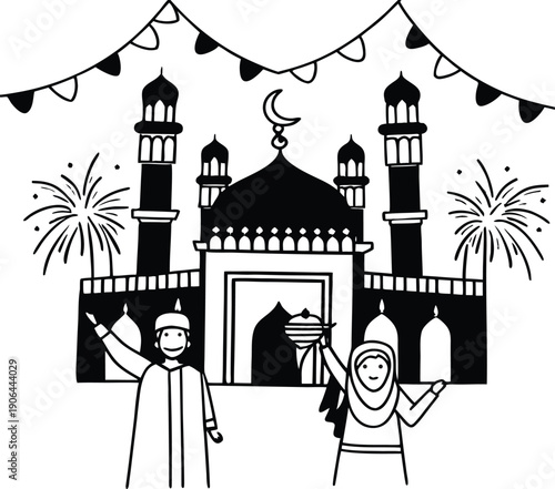 Eid Mubarak celebration with fireworks, festive bunting, and mosque background, hand-drawn vector doodle.