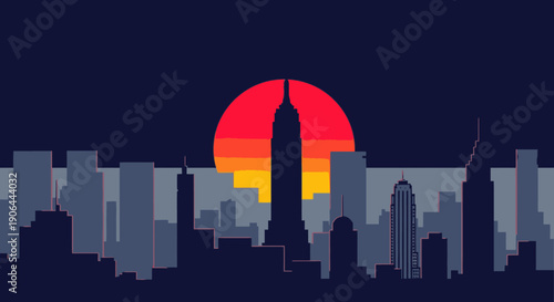 A striking minimalist vector illustration captures a vibrant sunset over an iconic metropolitan skyline, featuring tall skyscrapers silhouetted against a colorful sky.