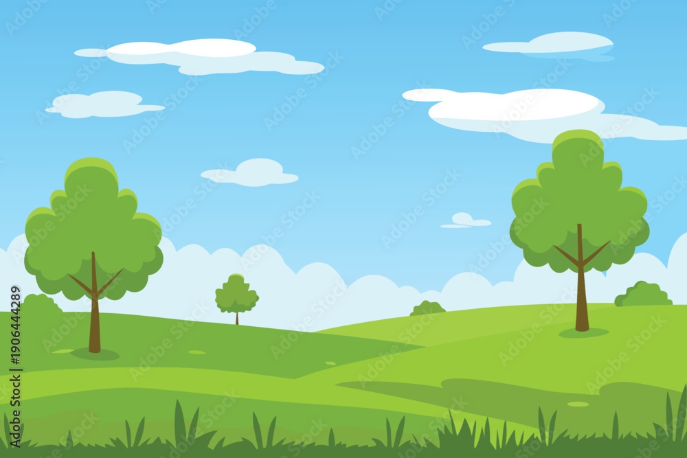 Obraz premium A bright cartoon landscape showcasing green hills trees and a clear blue