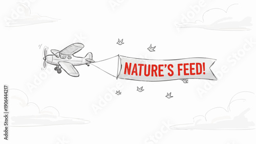 A vintage airplane is towing a banner with the words NATURE'S FEED!