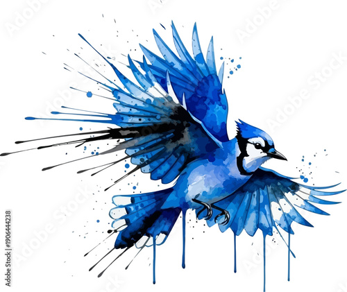 Blue Jay Flying with Watercolor Splash on White Background