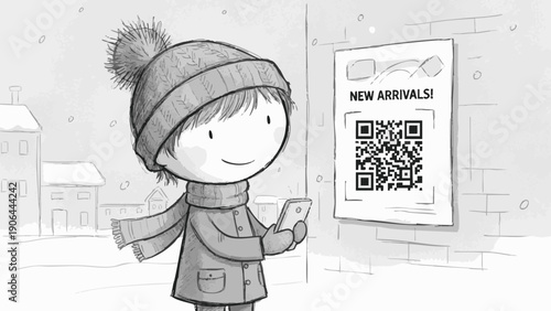 A child using a smartphone to scan a QR code poster that says New Arrivals. The child is bundled up in winter clothes with snow falling in the background. 