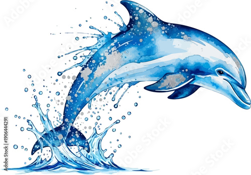 Dolphin Jumping Out of Water with Splashing Waves Isolated on White Watercolor
