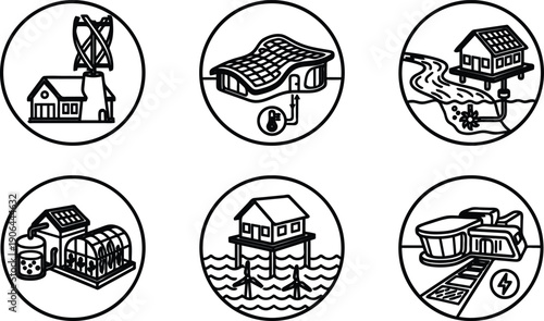 Sustainable eco friendly house and energy saving icons set with solar panels and wind turbine  green technology symbols