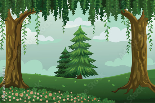 A lush green landscape featuring weeping willow trees framing smaller evergreens high quality