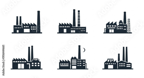 Collection of Industrial Factory Building Silhouettes.