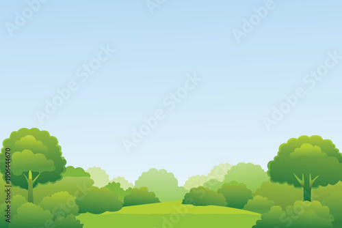 A serene landscape features lush green trees and a bright blue sky
