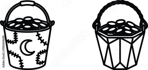 Two black line art lanterns with handles and geometric designs on transparent background for decoration and festive lighting