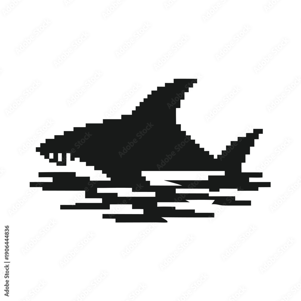 Fototapeta premium Geometric pixel shark, black and white vector silhouette