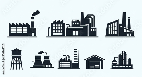 Collection of industrial factory building silhouettes icons.