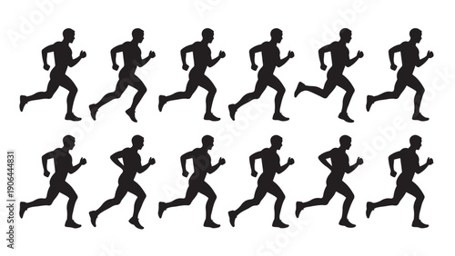Silhouettes of multiple runners in motion, symbolizing energy, teamwork, and competition.