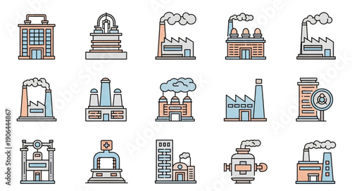 Collection of Industrial Factory Buildings and Structures Icons.