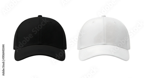 Black and white baseball caps front and back view isolated on transparent background