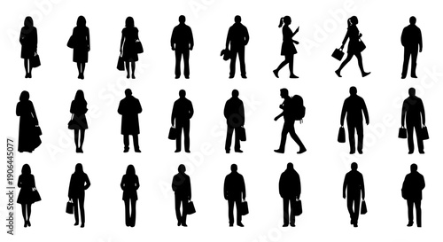 Silhouettes of people related to the theme of shopping. Vector illustration. Transparent background SVG version.