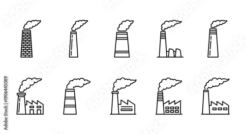 Collection of Industrial Factory Chimneys Emitting Smoke Icons.