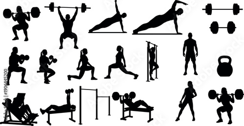 Fitness workout silhouettes set of men and women weightlifting bodybuilding and exercising with gym equipment vector illustration collection