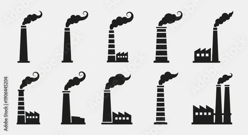 Collection of Industrial Factory Chimneys Emitting Smoke Silhouettes.