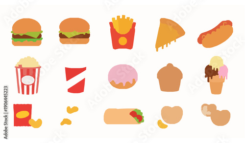 Cute cartoon fast junk food flat vector set