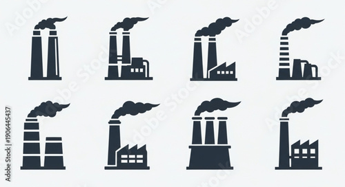 Collection of Industrial Factory Silhouettes Emitting Smoke.
