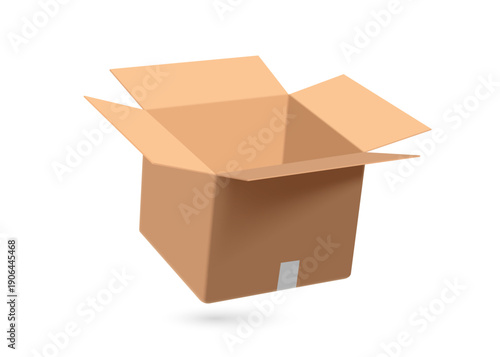virtual brown cardboard box or parcel box is opened to reveal an empty interior lying on a white background, vector 3d illustration isolated for industry packs products into boxes, delivery concept