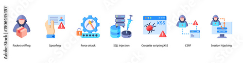 Cyber Attack Methods web banner illustration featuring Packet sniffing, Spoofing, Force attack, SQL injection, Cross-site scripting(XSS), CSRF, and Session hijacking.