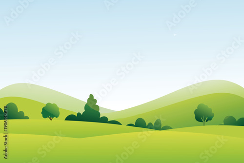 A serene landscape illustration depicts rolling green hills and stylized trees high quality